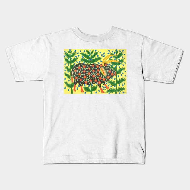 ukrainian bull three years old went walking through the woods and garners strength 1983 - Maria Primachenko Kids T-Shirt by Kollagio